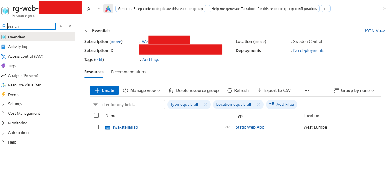The resource group in Sweden Central with the Static Web App in West Europe