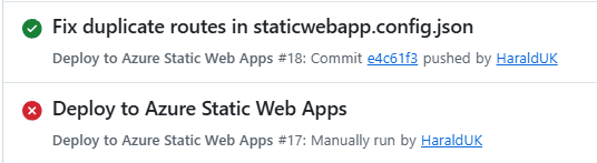The failed manual run and the successful deploy after removing the duplicate routes