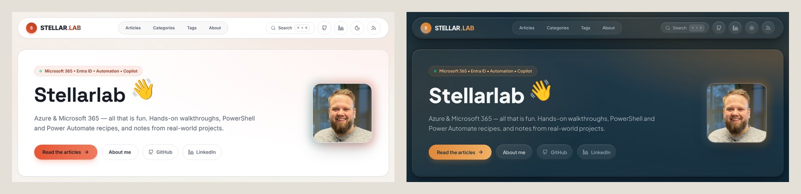 The front page in light mode on the left and dark mode on the right